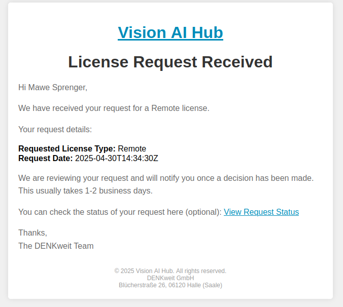 Email notification upon license request submission