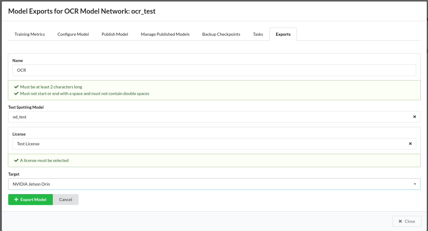 Configuring and starting a new model export